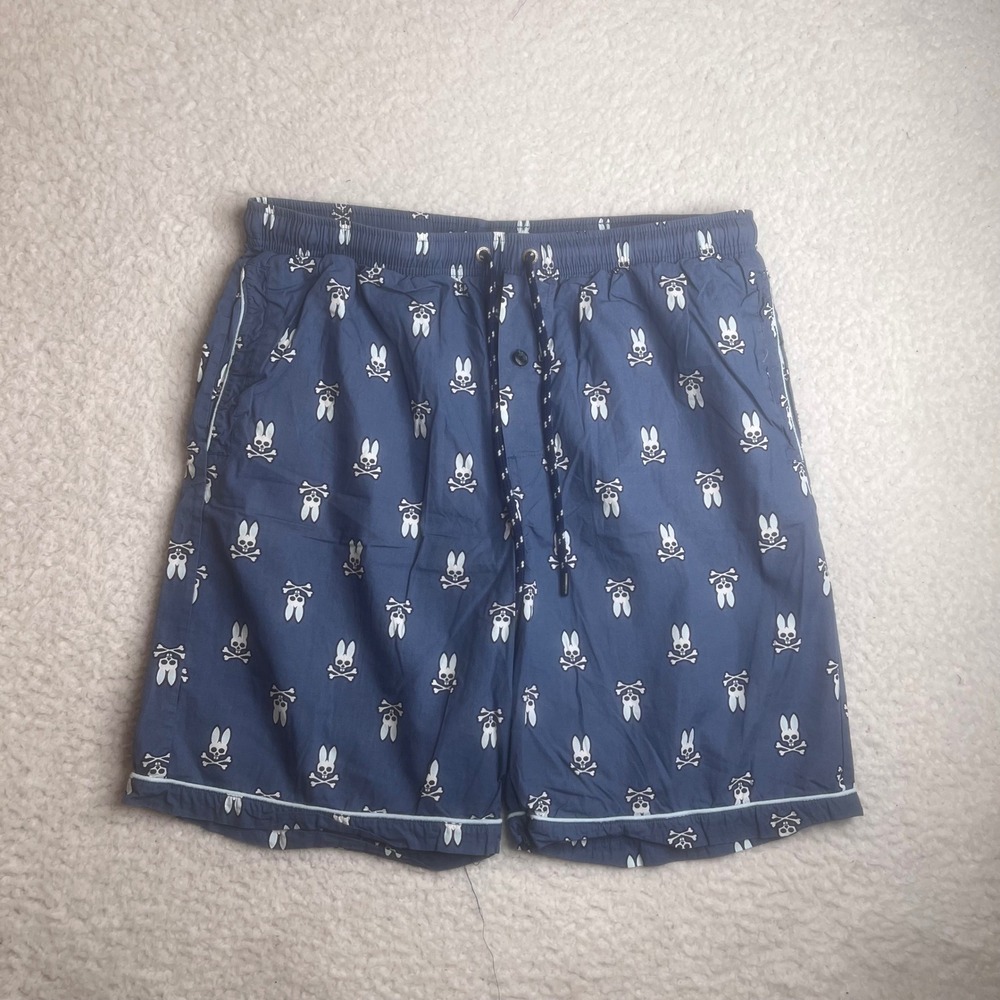 Psycho Bunny Mens Lounge Shorts Blue Bunny Crossbones Logo Medium Cotton